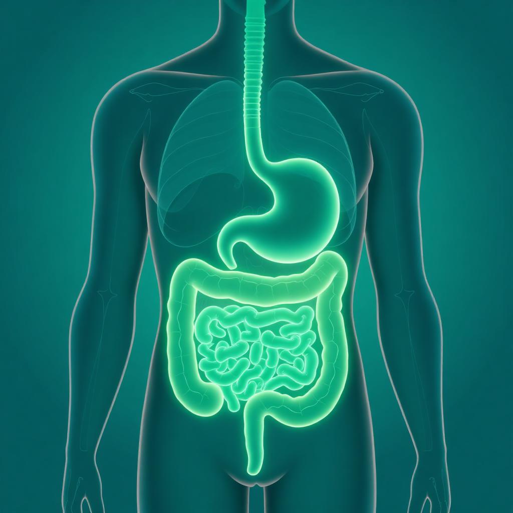 Illustration of the human digestive system glowing teal