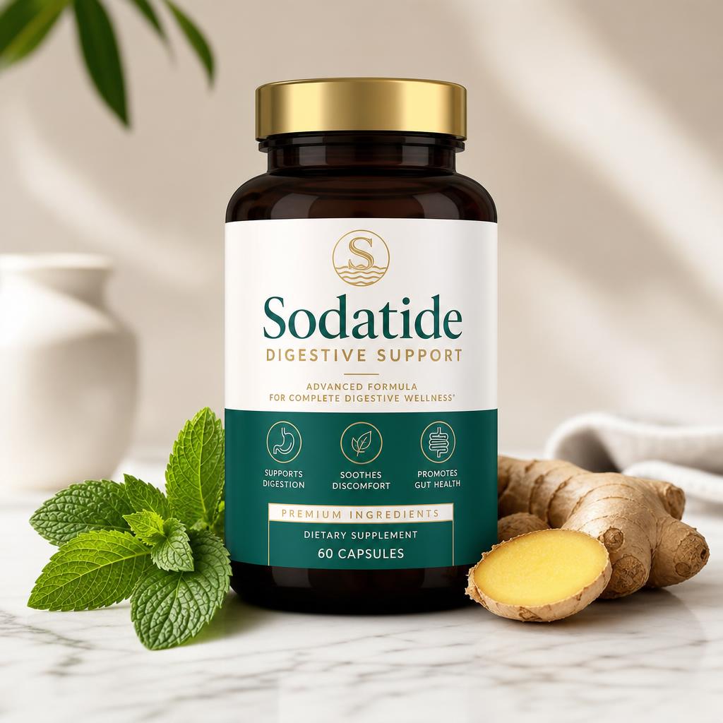 Sodatide Digestive Support supplement bottle with ginger and mint