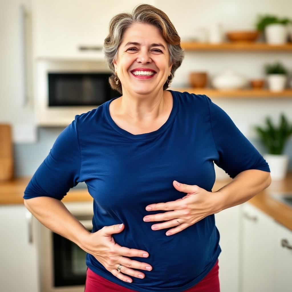 Happy woman feeling comfortable after using Sodatide Digestive Support
